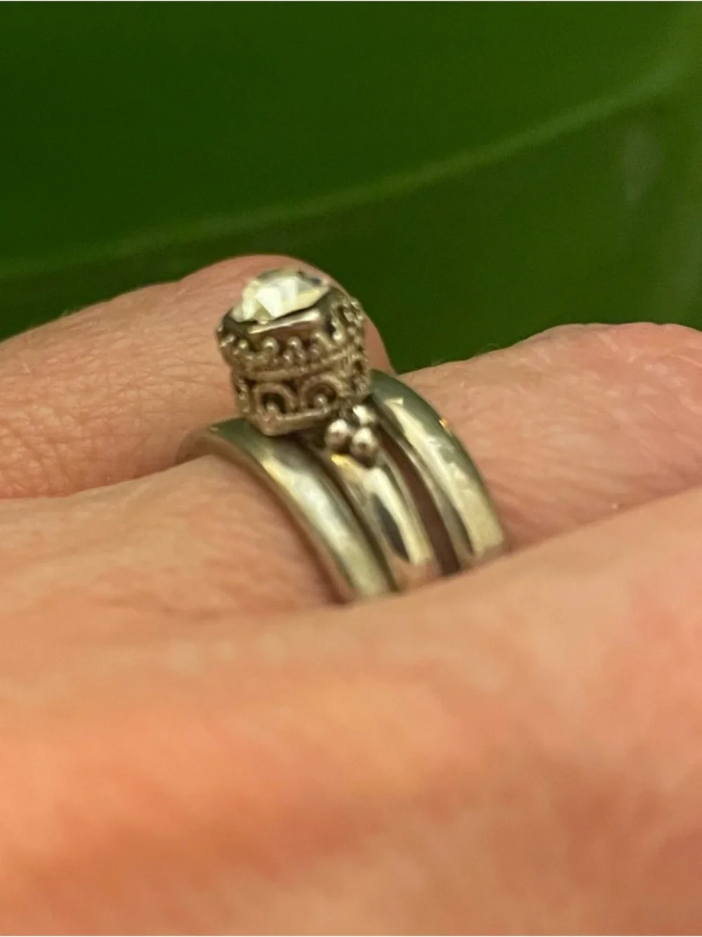 Stacking Ring Set with Filigree Solitaire with Clear Stone Sizes 6, 6.5, 7.5